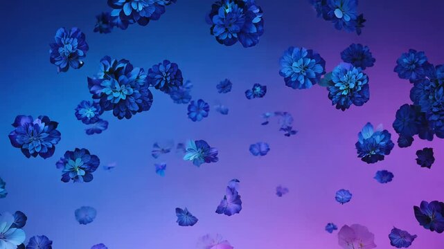 Zoom out video of dark hydrangea petals gently falling onto a gradient blue-purple background with colored gels, creating depth