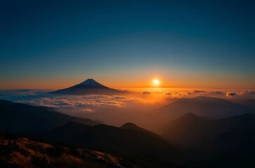Mount Fuji Sunrise Over Clouds and Mountains Scenic Landscape View