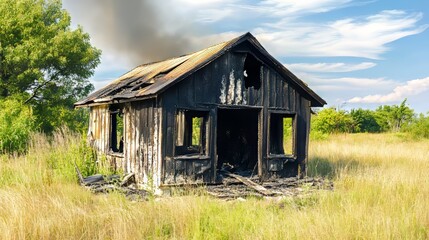 Obraz premium Burnt and partially collapsed building after severe fire disaster, showing structural damage, blackened walls, and urban destruction in post-crisis emergency recovery scenario