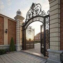 Ornate Wrought Iron Estate Gate, Elaborate Black Metal Driveway Gate, Decorative Iron Gate with Stone Pillars