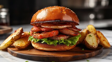 Delicious homemade burger with potatoes on a wooden board presenting gourmet style fresh flavor and taste for food lover