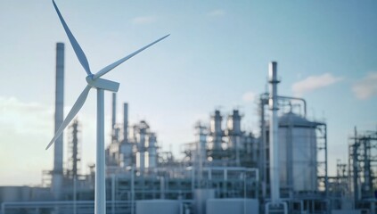 Wind turbine and industrial plant.  Sustainable energy source near a refinery