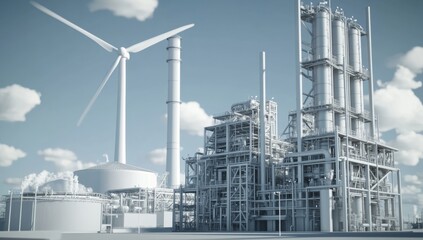 Industrial complex featuring a large refinery, wind turbine, and storage tanks.  Modern, sustainable energy facility