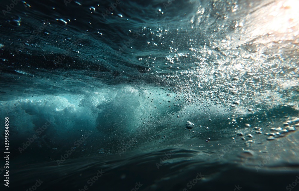 Aufkleber wave breaking underwater with bubbles and sunlight creating a textured effect
