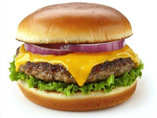 Succulent Cheeseburger Delight with Fresh Toppings Red Onion Lettuce and Melted Cheese on White Background Isolated Classic American Cuisine