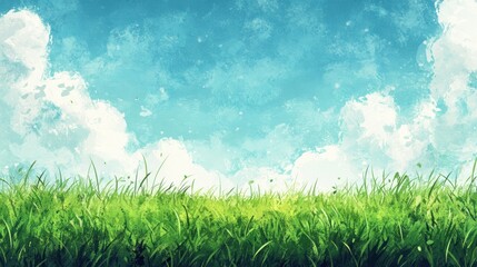 Obraz premium Lush green grass field under a vibrant, partly cloudy sky.