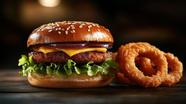 Mouthwatering Gourmet Burger with Crispy Onion Rings and Fresh Ingredients on Rustic Wooden Table
