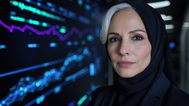 A woman in a hijab stands in front of a digital display of financial data.