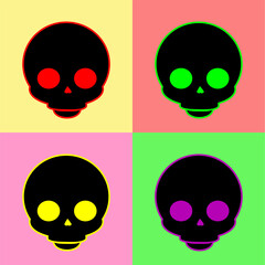 Pop art style skull illustration with bold black outlines and colorful backgrounds. Four variations in red, green, yellow, and purple on vibrant quadrants. Perfect for edgy designs.