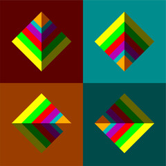 Colorful geometric diamond shapes with layered arrow-like segments on contrasting backgrounds. A bold, abstract pop art design ideal for modern, digital, and decorative visual projects.