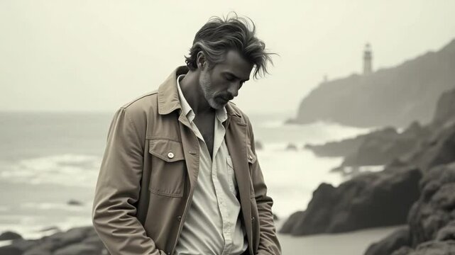 Moody Man Standing Alone by the Rocky Coast