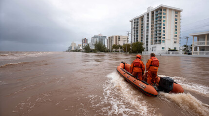 Rescue boat navigating floodwaters in hurricane near tall buildings
