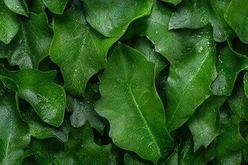 Lush green leaves with water droplets, perfect for backgrounds.