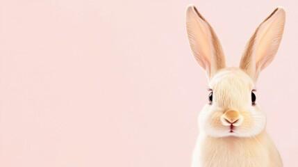 Fototapeta premium Easter Festival. Adorable Fluffy White Rabbit Closeup on Pink Background