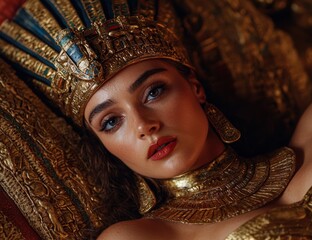 A woman wearing an Egyptian headdress and jewelry.