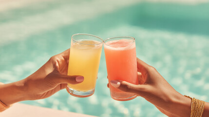 Two hands toasting glasses of colorful drinks by a blue swimming pool on a sunny summer day