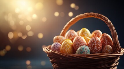Easter Festival. Colorful Easter Eggs in Brown Wicker Basket