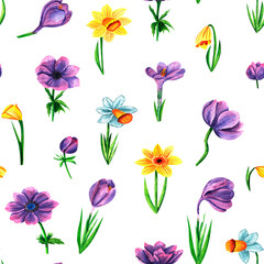 Violet anemone, crocus and daffodils flowers. Floral background, seamless pattern.   Luxury wallpaper, cloth, poster, paper