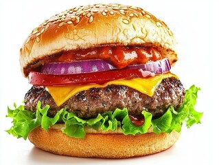 Delicious towering burger on bright white background with a rich patty and fresh toppings for fast food lover