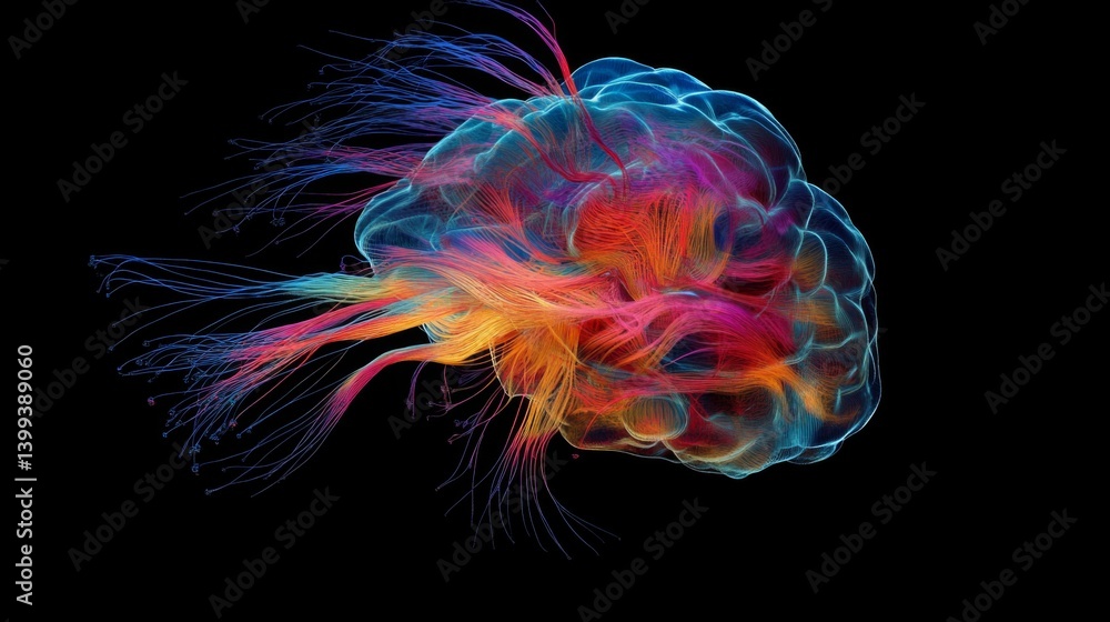 Poster An artistic rendering of a human brain with colorful, flowing neural pathways, illustrating complex cognitive processes and mental activity.
