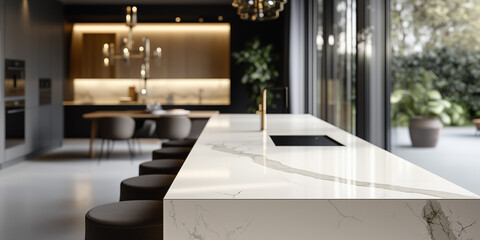 Ein hochwertiges Foto, das eine lange, schimmernd wei&szlig;e K&uuml;chenarbeitsplatte in der Bildmitte zeigt. Im Hintergrund tr&auml;gt eine minimalistisch gestaltete K&uuml;che zur eleganten Komposition bei. 