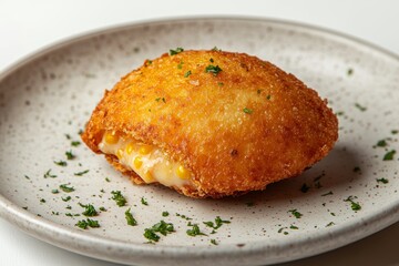 Sweet corn pancake with cheese on white plate, garnished with parsley. Concept of sweet corn pancake with cheese showcasing Cachapa, delicious and appetizing dish.