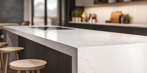 Ein hochwertiges Foto, das eine lange, schimmernd weiße Küchenarbeitsplatte in der Bildmitte zeigt. Im Hintergrund trägt eine minimalistisch gestaltete Küche zur eleganten Komposition bei. 