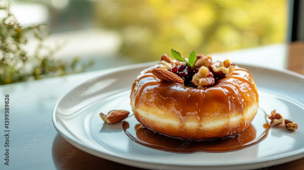 Poster an artistic shot of a donut with a drizzle of caramel or icing, placed on a white plate with a few n