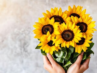 Holding bright sunflowers in a bouquet for gifting with neutral background for floral shop advertising