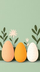 Easter Festival. Pastel Easter Eggs with Floral Design on Green Background