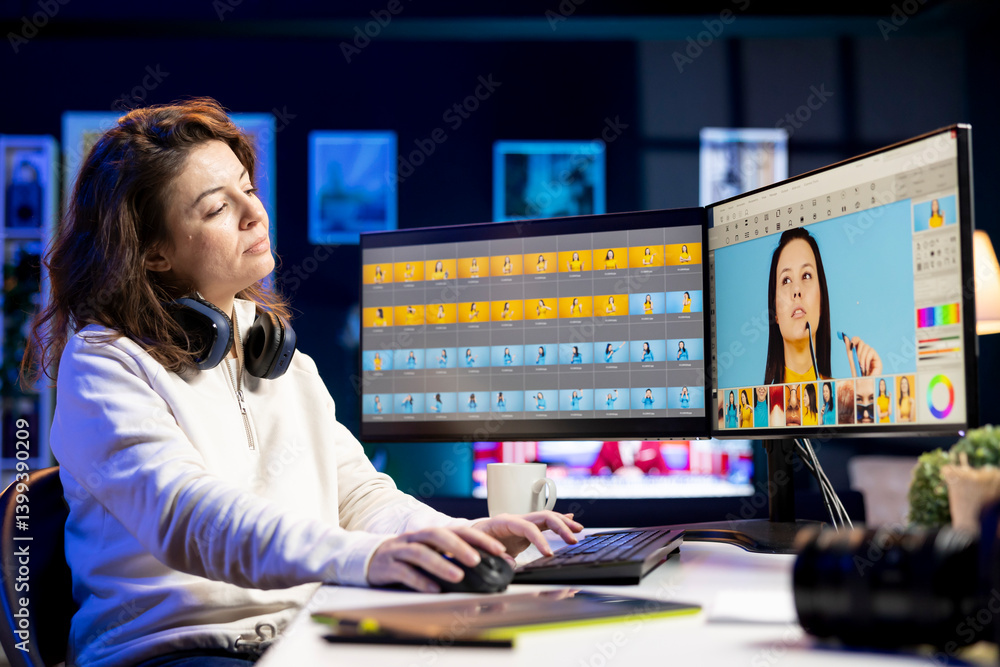 Poster content creator in digital multimedia company processing images with post production software. photo