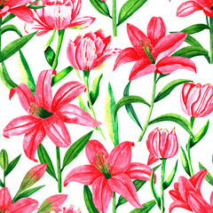 Flowers pastel color seamless pattern isolated on white. Pink lilies and tulip watercolor background. Backdrop with lilies and leaves. Floral design for wedding