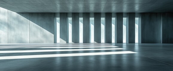 Obraz premium Minimalist concrete room with light shafts creating geometric patterns on walls and floor