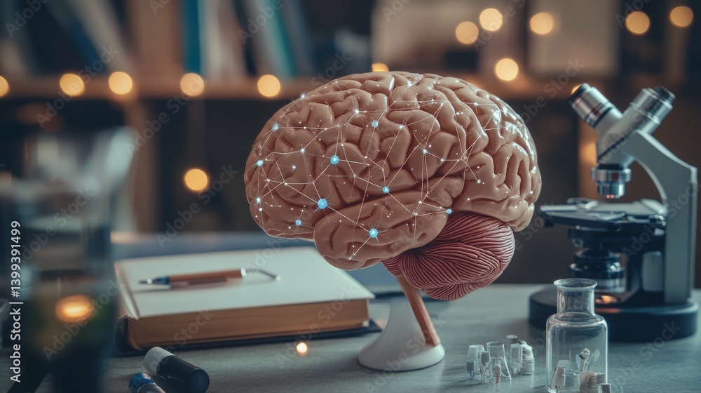 Aufkleber An image of a brain model with various neurological connections highlighted, placed on a desk with educational books and a microscope in the background.