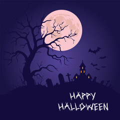A haunted graveyard scene on a hill with a large eerie full moon, tombstones, bats, and a silhouette of a haunted house in the distance.