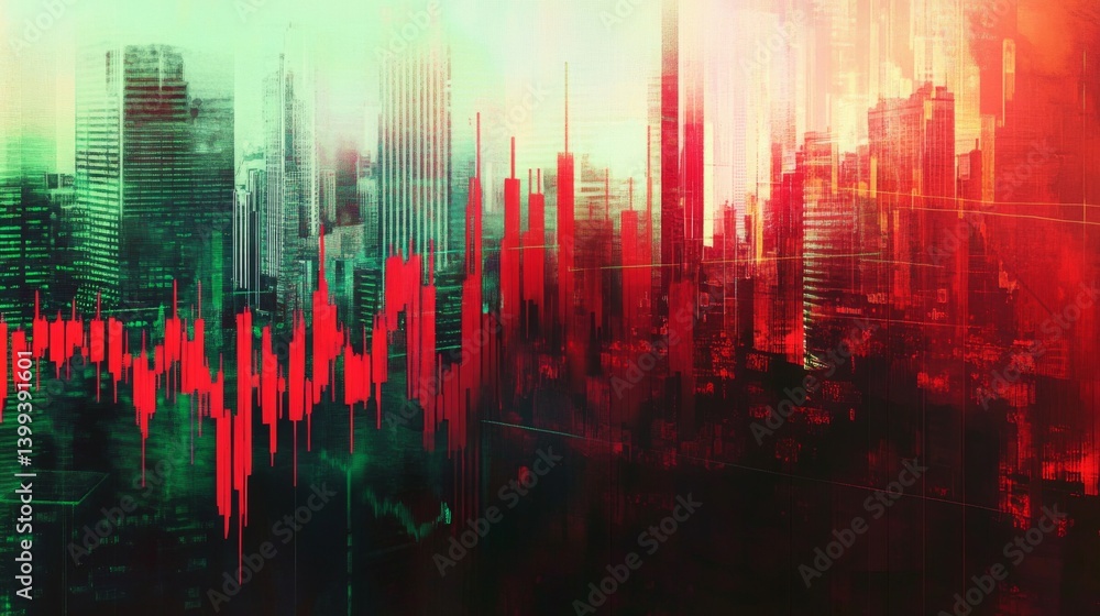 Poster An image of a stock chart with a red and green color scheme indicating market fluctuations, with a blurred background of a city skyline and financial district.