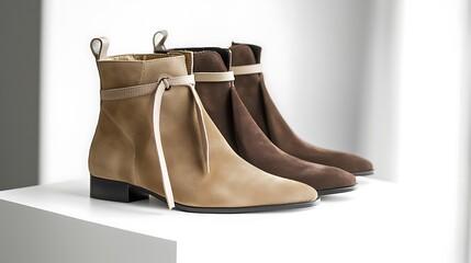 Three pairs of brown and tan boots are displayed on a white pedestal