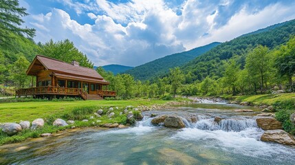 Naklejka premium Rustic cabin nestled beside a babbling brook in a lush mountain valley. Tranquil, peaceful, and scenic