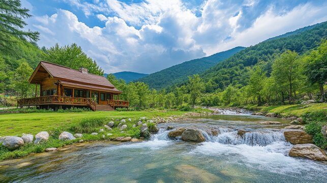 Rustic cabin nestled beside a babbling brook in a lush mountain valley.  Tranquil, peaceful, and scenic
