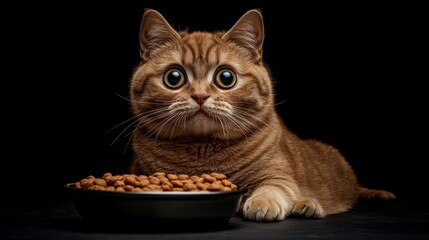 An overweight ginger cat sitting beside a bowl of cat food, gazing at the camera with wide, curious eyes.