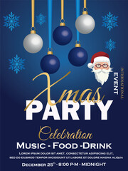 A modern Xmas party poster with blue tones, hanging ornaments in blue and silver, and a cheerful Santa illustration. Promotes a fun celebration vibe.