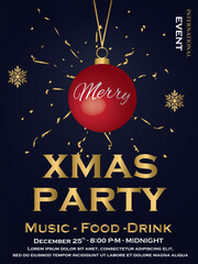 A bold Xmas party poster with a dark navy background, a red ornament reading "Merry", and golden confetti. Features the same event details with a touch of glamour and excitement.
