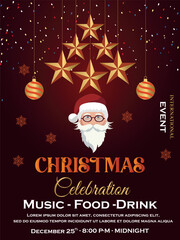 A lively Christmas celebration poster with a deep red background, golden stars arranged in a tree shape, and a jolly Santa. The design captures the joy of the holiday season.