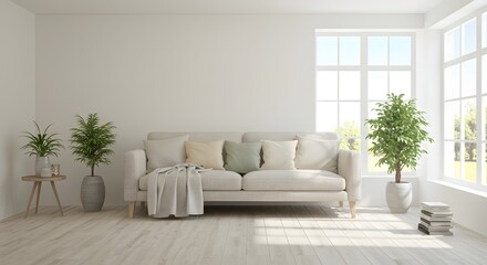 Serene Minimalist Living Room Interior Design White Sofa, Plants, and Natural Light