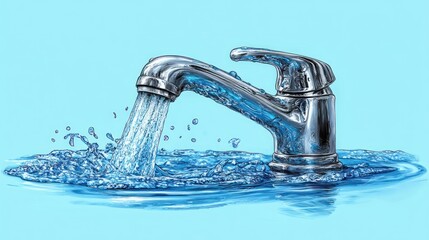 Water flowing from a chrome faucet into a basin.