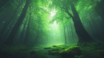 Naklejka premium Misty forest stream, green light, serene woodland, peaceful nature, tranquil environment, photo for nature background, wallpaper, stock photography