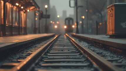 Fototapeta premium Train tracks closeup urban station photography foggy environment ground view standard perspective