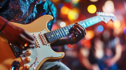 Obraz premium Musician playing electric guitar on stage with colorful lights and audience