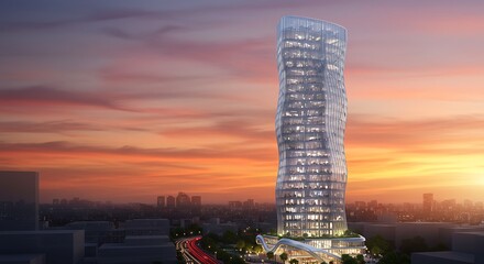 Modern Architectural Design of a Futuristic Skyscraper at Sunset