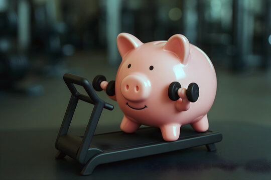 Piggy bank lifting weights on a treadmill at the gym. Money working hard concept